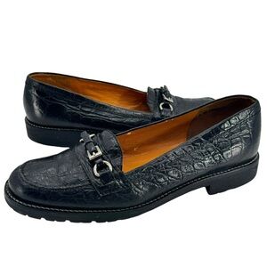 Talbots Black Leather Loafer Slip On Flats Croc Buckle Strap Lug Sole | Size 6